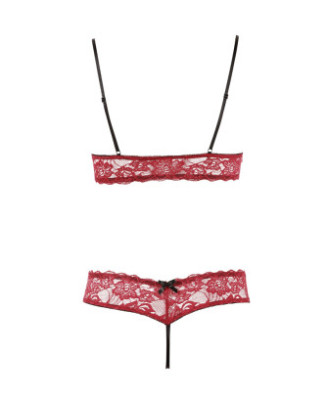 Soutien-gorge, bonnets ouverts, en dentelle rouge et string assorti 